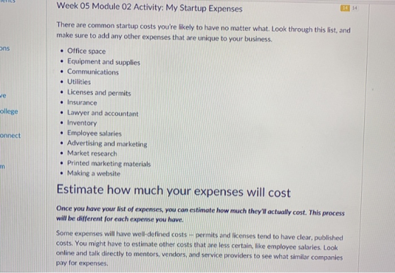 Week 05 Module 02 Activity: My Startup Expenses 14 14 Ons we ollege There are common startup costs youre likely to have no m