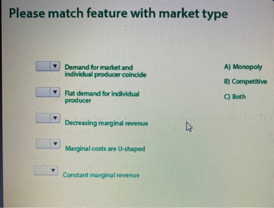 Please match feature with market type Demand for market and individual producer coincide A) Monopoly B) Competitive Flat dema
