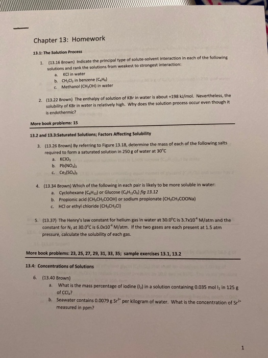 Chapter 13: Homework 13.1: The Solution Process 1. (13.16 Brown) Indicate the principal type of solute-solvent interaction in