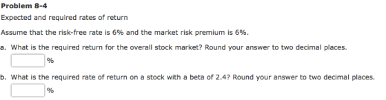 Problem 8-4 Expected and required rates of return Assume that the risk-free rate is 6% and the market risk premium is 6%. a.