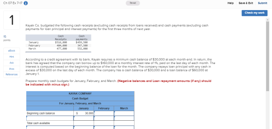 Ch 07 Ex 7-17 A Saved Help Save & Exit Submit Check my work Kayak Co. budgeted the following cash receipts (excluding cash re