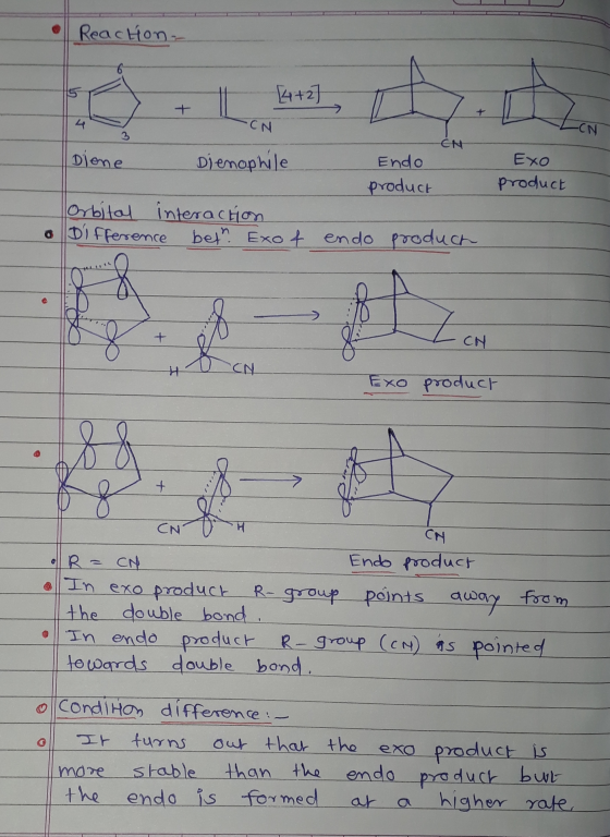 Reaction - 4+2] CN EN Dione Dienophile Endo product Exo product Orbital interaction Difference beth Exot endo produch - CN CN