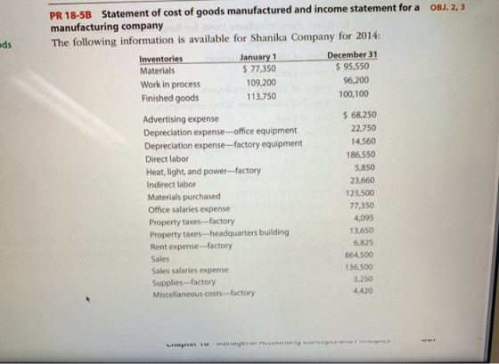 ods PR 18-5B Statement of cost of goods manufactured and income statement for a OBJ. 2, 3 manufacturing company of roll 1200