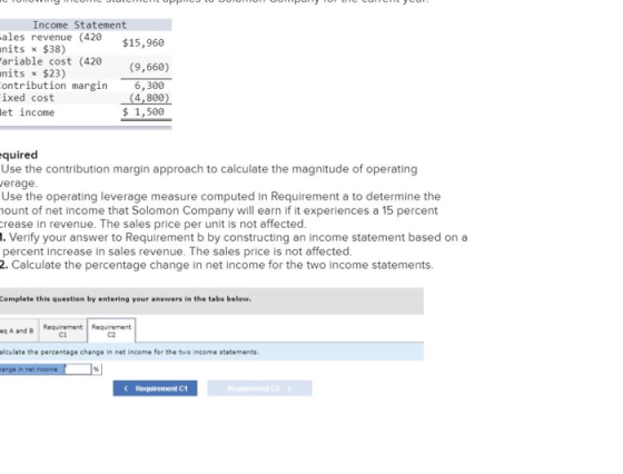 Income Statement cales revenue (420 $15.960 units x $38) ariable cost (420 (9,660) nits x $23) Contribution margin 6,300 Fix