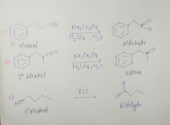 OH Naz Cr207 T H₂SO4 , HO lo alcohol aldehyde OM Nag Cry Of H₂SO4 H₂O 20 alcohol Ketone PCC Aldehyde talcohol