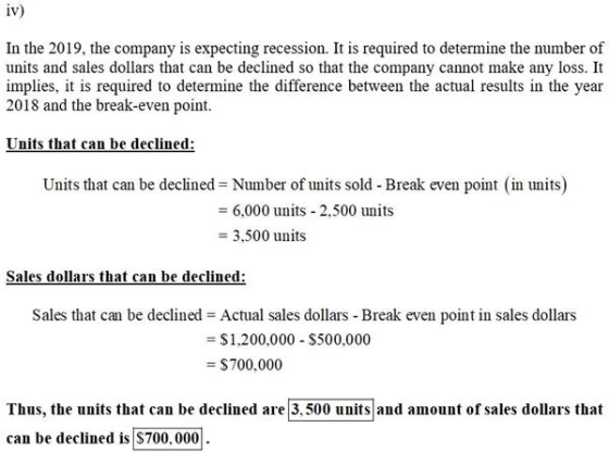 iv) In the 2019, the company is expecting recession. It is required to determine the number of units and sales dollars that c