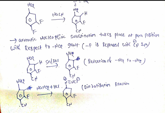 NO2 Nach I aromatic Nucleo philic with respect to -NO2 CN substitution takes place at lave group. (of is Replaced wik & Ion)