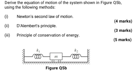 Derive the equation of motion of the system shown in Figure Q5b, using the following methods: (0) Newtons second law of moti