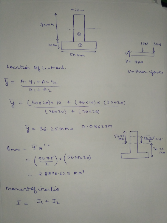 a 20 Tomm 20 mm IKN 3 KN Ve 4kn Location of centroid. Vasheer force G = A, 4, + A 2 4 Alt Az y = (50x20)* 10 + (70 x 20) x (3