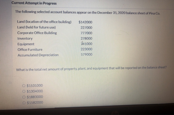Current Attempt in Progress The following selected account balances appear on the December 31, 2020 balance sheet of Pina Co.