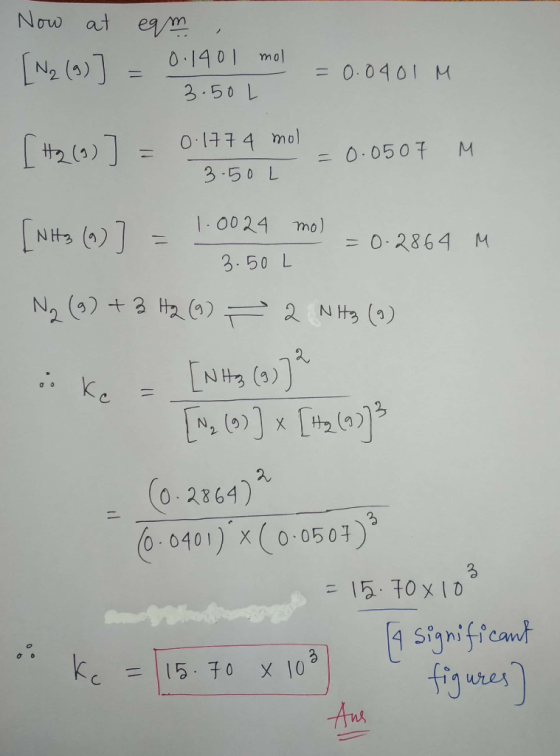 Now at eam = 0.04 01 M [N₂ (9)] = 0.1401 mol 3.50L [H2(g)] = 0.1774 mol 3.50 Į = 0.0507 M J NH3(g) 7 - 1.00 24 mo) 3.50 L = 0