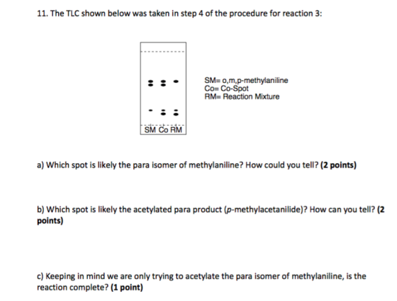 11. The TLC shown below was taken in step 4 of the procedure for reaction 3: 00 3 SM=0,m,p-methylaniline Co= Co-Spot RM= Reac