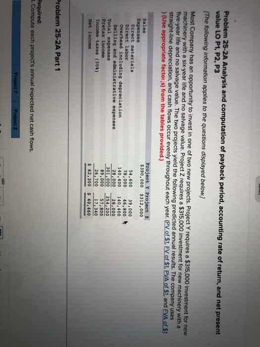 Problem 25-2A Analysis and computation of payback period, accounting rate of return, and net present value LO P1, P2, P3 The