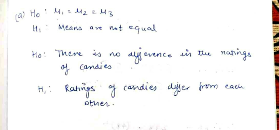 (a) Ho :M, = 42 = 43 Means not equal Hi : are Ho: There is no of candies evence in the ratings agjeve Hy: Ratings of candies