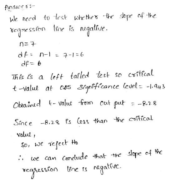 Answer: We need to test whether the slope of the regression Ime is negative. n=7 dhe n-1 = 7-1=6 df = 6 This is a left talled