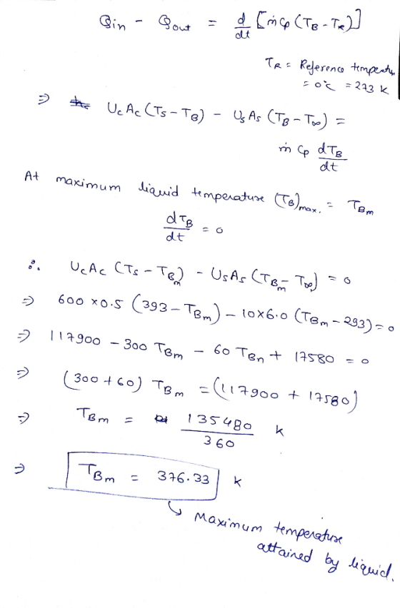Bin - Bout = I [no (To-Te)] TR= Reference tempestir =oč = 273k 3 the UC Ac CTS-T) – Us As (Tp - Tow) = in ce d Te - At maximu