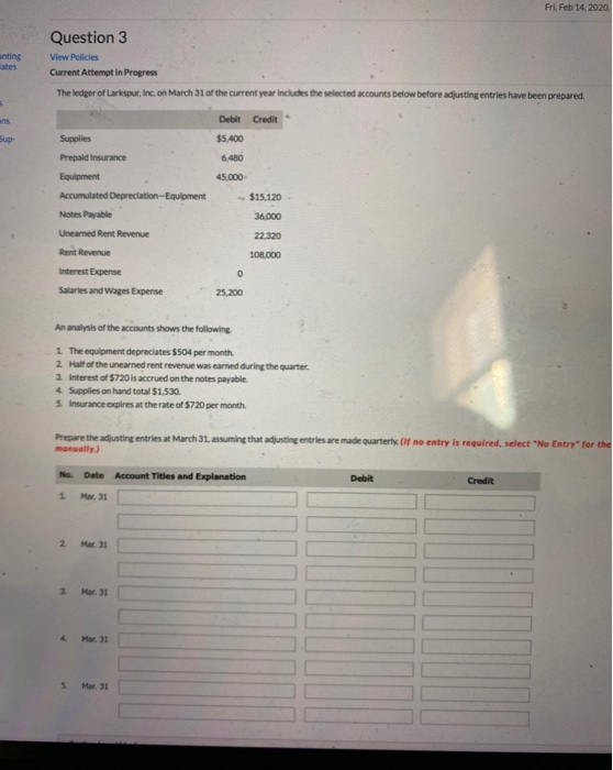 Fri Feb 14, 2020 anting Question 3 View Policies Current Attempt in Progress The ledger of Larkspur, Inc. on March 31 of the