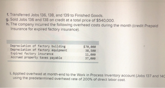 f. Transferred Jobs 136, 138, and 139 to Finished Goods. g. Sold Jobs 136 and 138 on credit at a total price of $540,000. h.