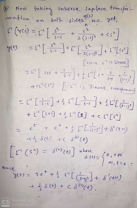 Now taking inverse Laplace transför- mation on both sidest we get F (409) = F [ +32 + es] yety =[*]+CLOC] + [«s?] [since