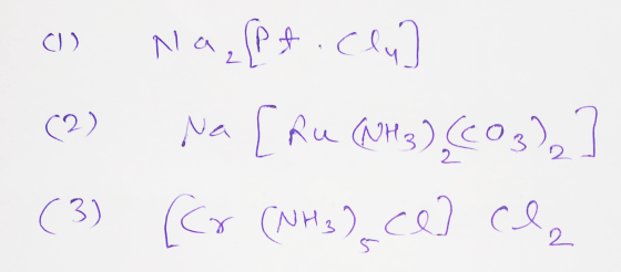 (1) Na pt. cly] (2) Na [ku (NH 3) (CO3)2] (3) (er (NH3) ce che