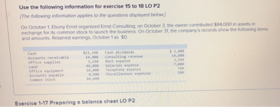 Use the following information for exercise 15 to 18 LO P2 The following information applies to the questions displayed below.