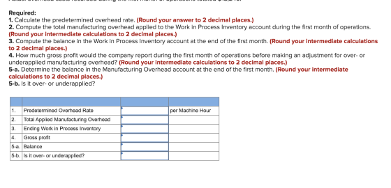 Required: 1. Calculate the predetermined overhead rate. (Round your answer to 2 decimal places.) 2. Compute the total manufac
