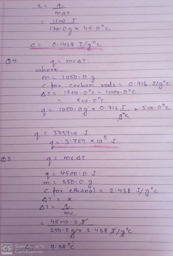 MAT. 170.0g x 45.0°c 0.1438 J/goc c= where meat m . 1050.0 g. for carbon rods = 0.716 9°c AT = 15eo.ooc-loo.ooc 5w0.0°C. q =