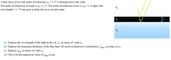 A thin layer of oil with index of refraction no = 1.47 is floating above the water. The index of refraction of water is nw =