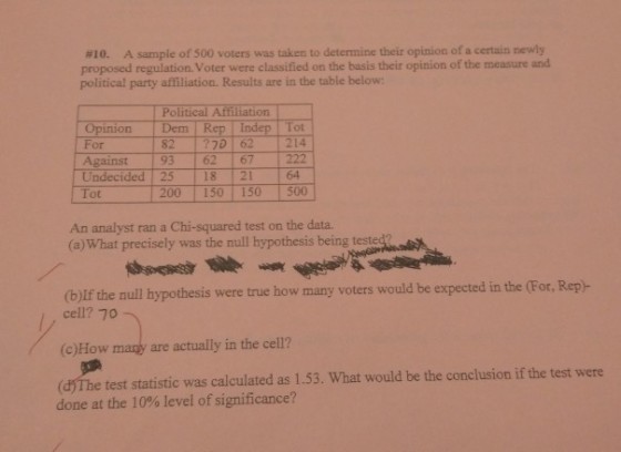 #10. A sample of 500 voters was taken to determine their opinion of a certain newly proposed regulation. Voter were classified on the basis their opinion of the measure and political party affiliation. Results are in the table below: Political Affiliation Opinion Dem Rep Indep Tot For Against Undecided 25 18 21 64 Tot 82 ?7D 62 214 62 67 222 200 150 150 500 An analyst ran a Chi-squared test on the data. (a) What precisely was the null hypothesis being tested? lf the null hypothesis were true how many voters would be expected in the (For, Rep)- cell? 70 (c)How many are actually in the cell? (dyThe test statistic was calculated as 1.53. What would be the conclusion if the test were done at the 10% level of significance?