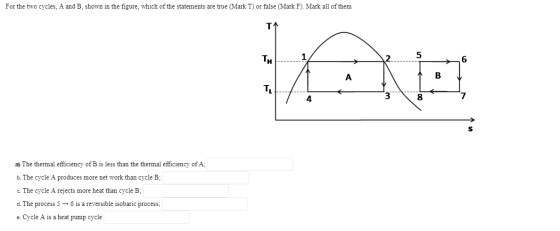 For the two cycles, A and B. shown in the figure, which of the statements are true (Mark T) or false (Mark F). Mark all of th