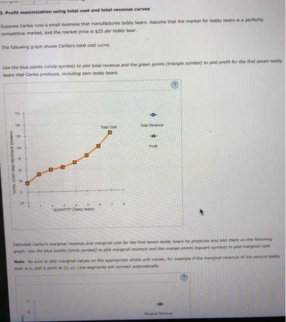 3. Profit maximization using total cost and total revenue curves Suppose Carlos runs a small business that manufactures teddy bears, Assume that the market for teddy bears is a perfectly competitive market, and the market price is $25 per teddy bear The following graph shows Carloss total cost curve. Use the blue points (circle symbol) to plot total revenue and the green points (eriangle symbol) to plot proft for the irst seven tedy bears that Carlos produces, including zero teddy bears 175 150 Total Revenue Total Cost 125 75 50 25 QUANTITY (Teddy bears) the first seven teddy bears he produces and plot them on the following (square symbol) to plot marginal cost. seven s marginal revenue and marginal cost for Calculat graph. Use the blue points (circle symbol) to plot marginal revenue and the orange points Note: Be sure to plot marginal values on the appropriate bear is y, plot a point at (2, y). Line segments will connect automatically whole unit values; for example if the marginal revenue of the second teddy Marginal Revenue
