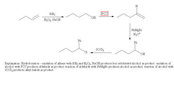BH3 PCC H202. NaOH PhMgBr Ph Ph SOCl2 Cl он Explanati on: Hydroboration - oxidation of alkene with BH3 and H202, NaOH produce
