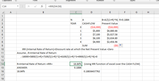 Clipboard Font Allahment Number Styles C14 X for EIRR(D4:08) А E F G H NA B=A/((1+R)^N) R=0.1884 YEAR CASHFLOW Present Value