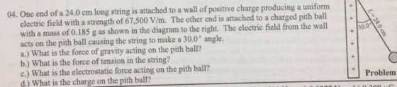 04. One end of a 24.0 cm long string is attached to a wall of positive charge producing a uniform electric field with a strength of 67,500 V/m. The other end is attached to a charged pith ball with a mass of 0.185 g as shown in the diagram to the right. The electric field from the wall acts on the pith ball causing the string to make a 30.0° angle a.) What is the force of gravity acting on the pith ball? b.) What is the force of tension in the string? c.) What is the electrostatic force acting on the pith ball? d.) What is the charge on the pith ball? 30.0 Problem