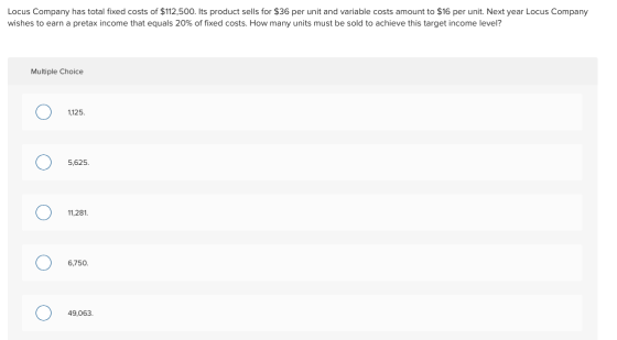 Locus Company has total fixed costs of $112,500. Its product sells for $36 per unit and variable costs amount to $16 per unit