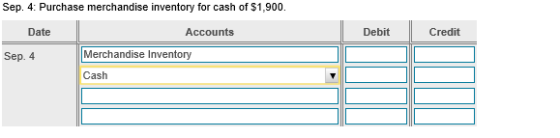 Sep. 4: Purchase merchandise inventory for cash of $1,900. Date Accounts Debit Credit Sep. 4 Merchandise Inventory Cash