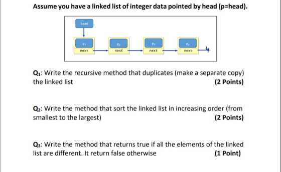 Assume you have a linked list of integer data pointed by head (p-head). head e2 next nextー next next Qu: Write the recursive