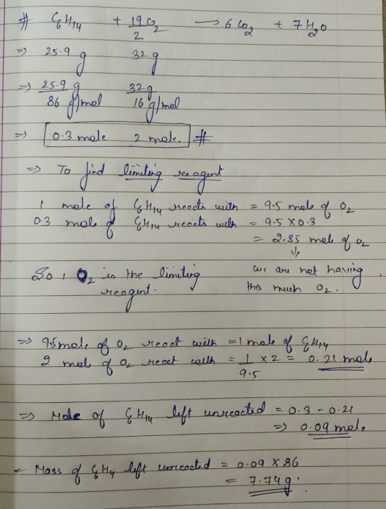 T & Chig = 25.99 - 6 log + 740 + 190 24 329 32g 16 almal - 25.99 86 mal W 4 [0.3 mole 2 male. # - To find limiting see agent