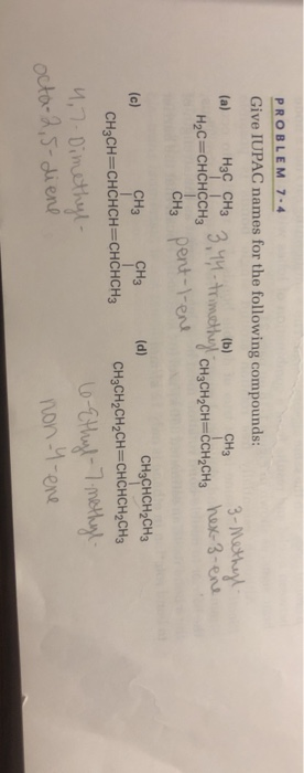 PROBLEM 7.4 Give IUPAC names for the following compounds: (a) H3C CHз ачи. CH3 H2C=CHCHCCH3 3-Methyl hex-3-ene CH₃ pent-l-ene