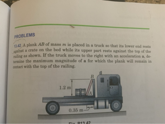 PROBLEMS 13.42 A plank AB of mass m is placed in a truck so that its lower end rests against a crate on the bed while its upp
