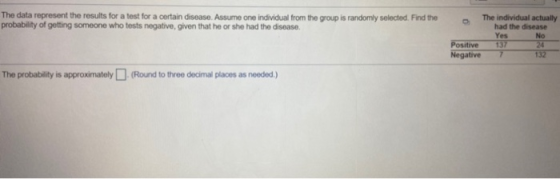 The data represent the results for a test for a certain disease. Assume one individual from the group is randomly selected. F