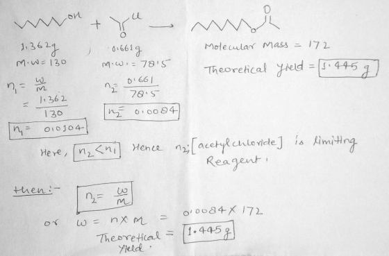 on 1.362q 01661g peliwi 7815 0.661 nų 78.5 1.362 unon +Yunnah Molecular mass = 172 M. W = 130 Theoretical field = (3.495 g] n