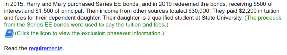 In 2015, Harry and Mary purchased Series EE bonds, and in 2019 redeemed the bonds, receiving $500 of interest and $1,500 of p