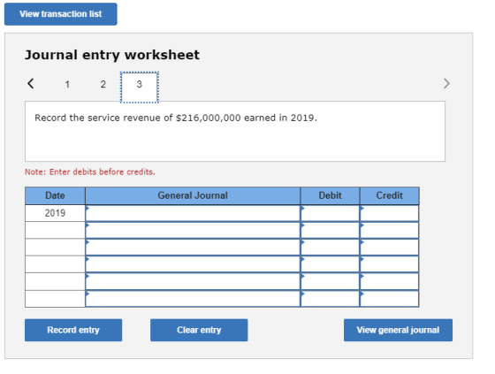 View transaction list Journal entry worksheet < 1 2 Record the service revenue of $216,000,000 earned in 2019. Note: Enter de