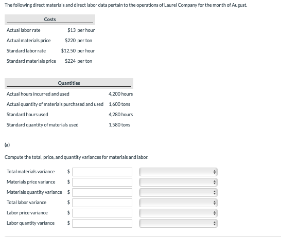 The following direct materials and direct labor data pertain to the operations of Laurel Company for the month of August. Cos