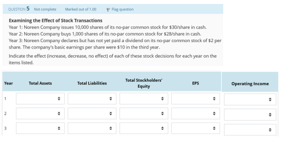 QUESTION 5 Not complete Marked out of 1.00 P Flag question Examining the Effect of Stock Transactions Year 1: Noreen Company