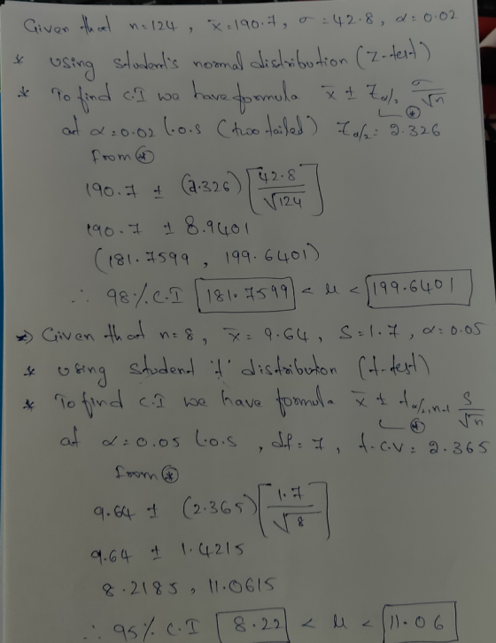 I Given that n=124 , x=190.it, o=42.8, d = 0.02. * using students normal distribution (Z-dest) - * to find a.I we have formu