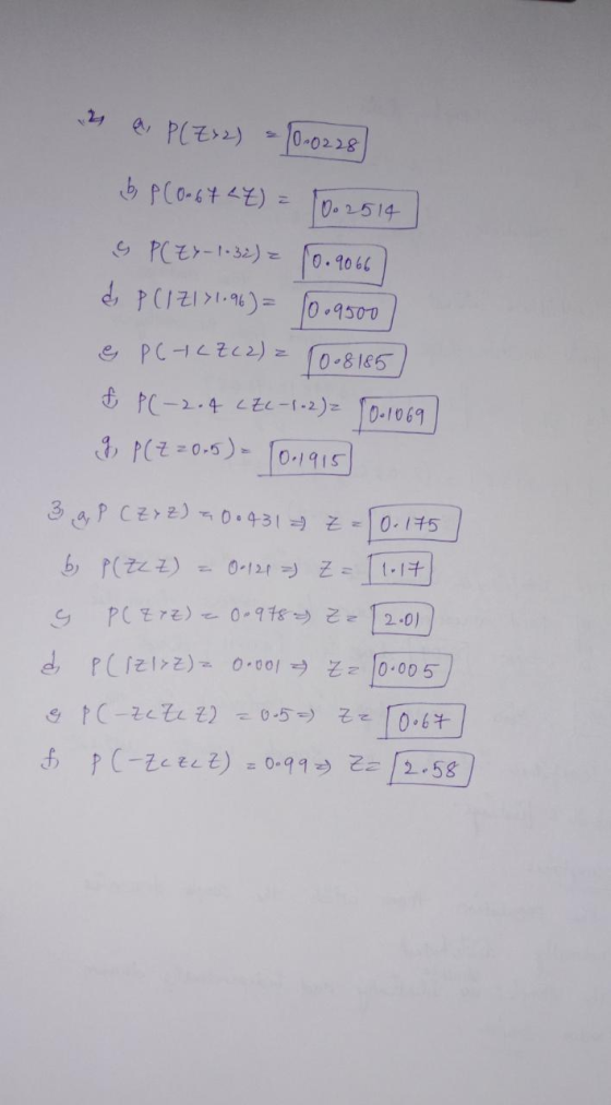 2 a P(Z32) = 10.0228) b Co-642Z) = 0.2514 & P(Ex-1•32) = (0.9066 & P (IZ1 > 1.96)= 10.9500 e PC-IL Z (2) = 1008185) £ P(-2.4