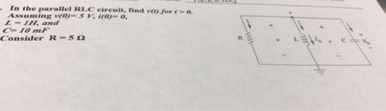 In the parallel RLC cireuit, find v(O foro Assuming wO)-S, o-0 L-IH, and Consider R=5S2