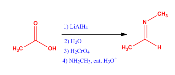 CH 1) LiAlH4 2) H2O 3) HÆro4 4) NH2CHs, cat. H3o H3C ОН H3C